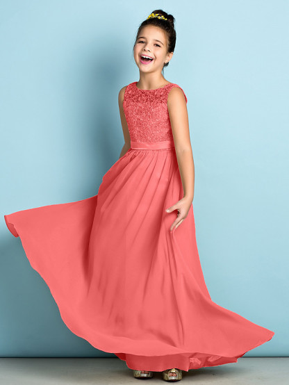 A-Line Scoop Neck Floor Length Chiffon / Lace Junior Bridesmaid Dress With Lace / Natural / Mini Me