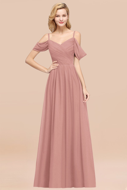 A-Line Chiffon V-Neck Spaghetti Straps Short-Sleeves Floor-Length Bridesmaid Dresses with Ruffles