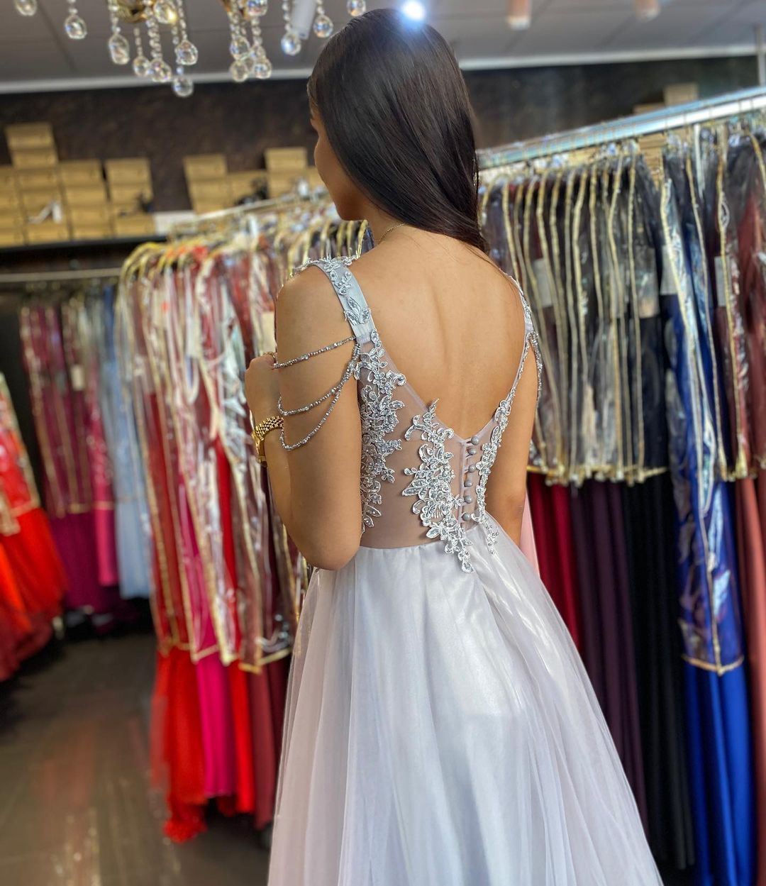 Elegant Sweetheart Spaghetti Straps A-line Appliques Lace Beading Tulle Backless Prom Dress