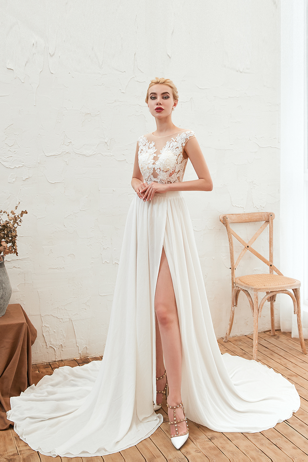 Long Tulle High Slit Appliques Lace Chiffon A-line Wedding Dress