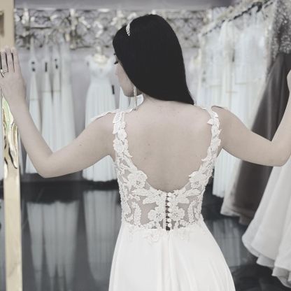 Simple Long A-line V-neck Lace Chiffon Wedding Dress with Slit