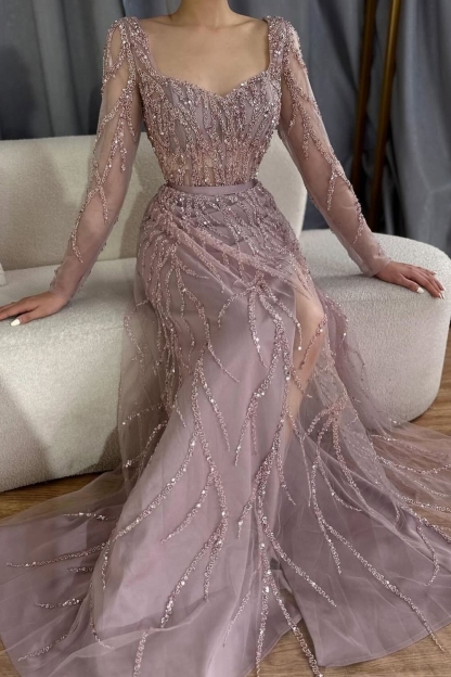 Long Sleeve Pink Sequined Mermaid Slit Prom Dress Detachable Tulle