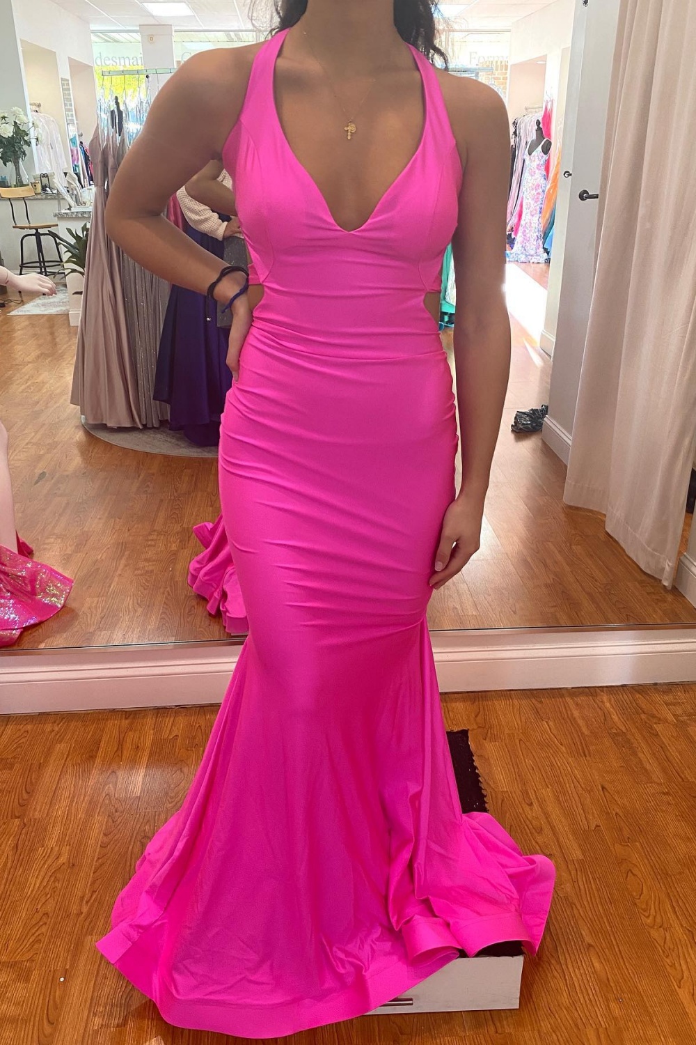 Modest Long Mermaid Halter V-neck Satin Open Back Prom Dress