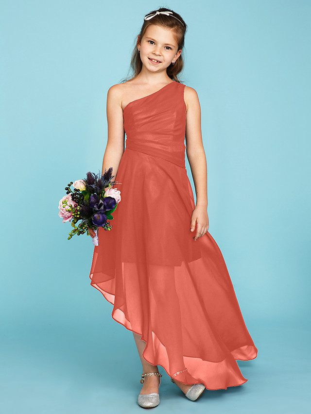 A-Line One Shoulder Asymmetrical Chiffon Junior Bridesmaid Dress With Side Draping / Wedding Party