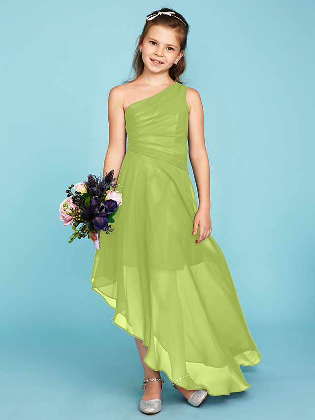 A-Line One Shoulder Asymmetrical Chiffon Junior Bridesmaid Dress With Side Draping / Wedding Party