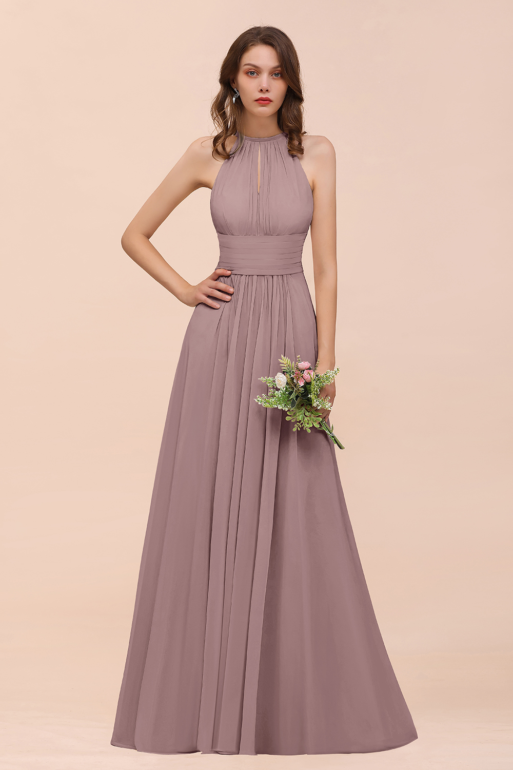Elegant Long A-Line Jewel Ruffle Chiffon Champagne Bridesmaid Dress