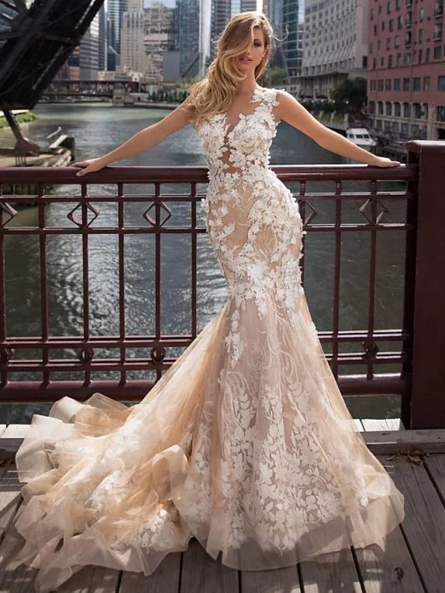Long Mermaid Jewel Neck Chapel Train Lace Tulle Illusion Detail Backless Wedding Dresses