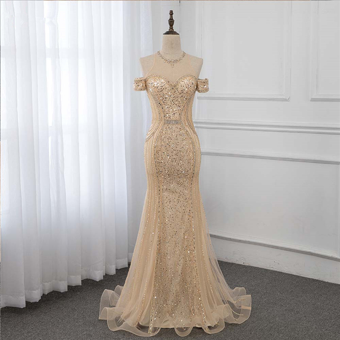 Charming Bateau Off-the-shoulder Sequins Beading Mermaid Tulle Prom Dress