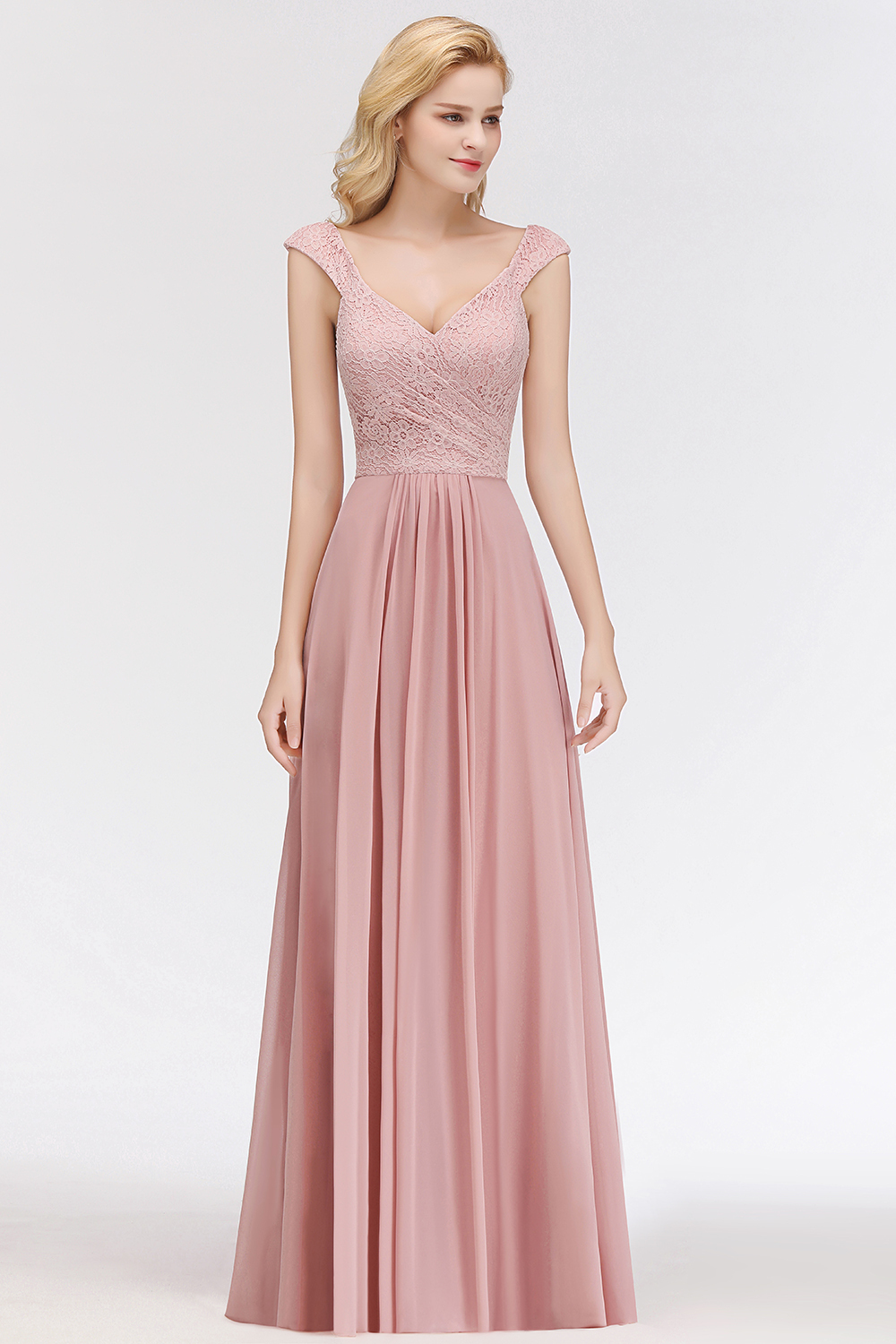 A-line Long V-neck Sleeveless Lace Chiffon Bridesmaid Dresses