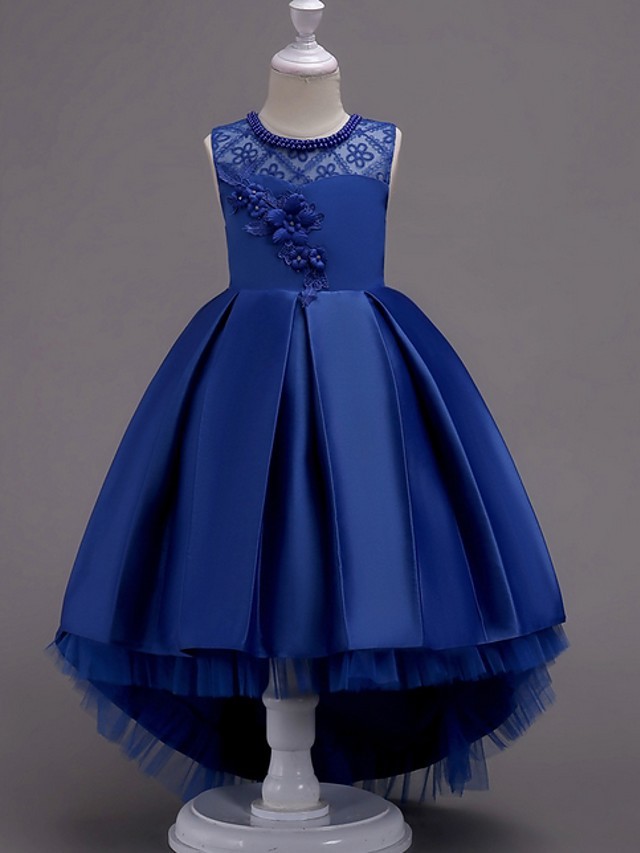 A-Line Asymmetrical Pageant Flower Girl Dresses - Satin Sleeveless Jewel Neck With Lace / Bow(S) / Beading