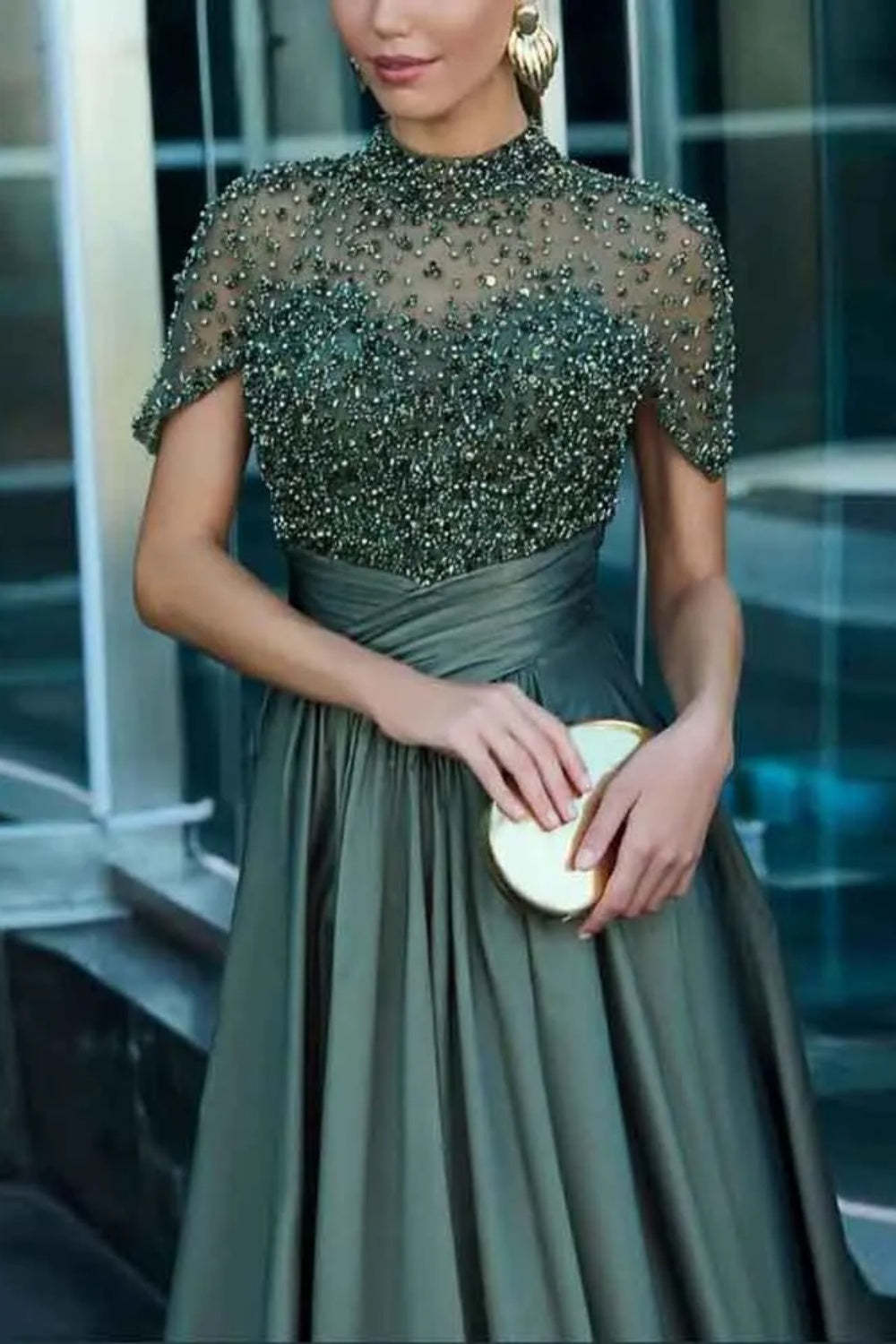 Cocosbride Elegant Long Illusion Neck A-line Prom Dress with Pockets