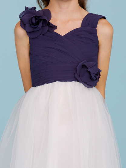 Princess / A-Line Straps Floor Length Chiffon / Tulle Junior Bridesmaid Dress With Criss Cross / Ruched / Flower / Color Block / Floral / Wedding Party