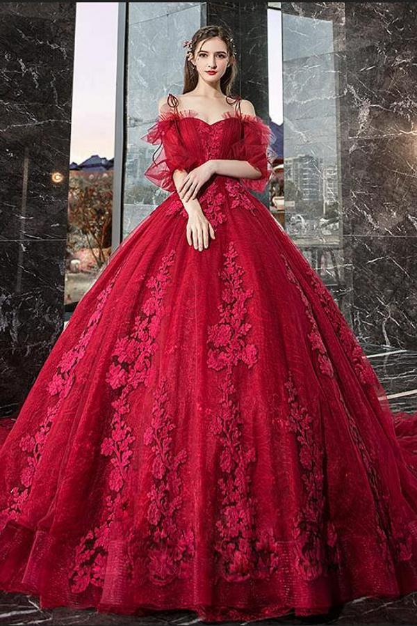 Gorgeous Train A-line Off-the-shoulder Spaghetti Straps Long Sleeve Appliques Lace Prom Dress