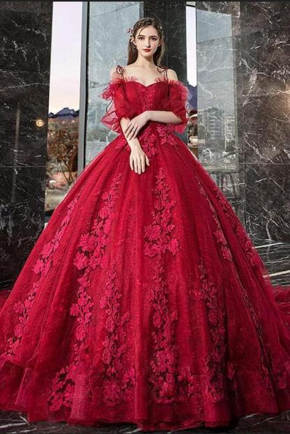 Gorgeous Train A-line Off-the-shoulder Spaghetti Straps Long Sleeve Appliques Lace Prom Dress