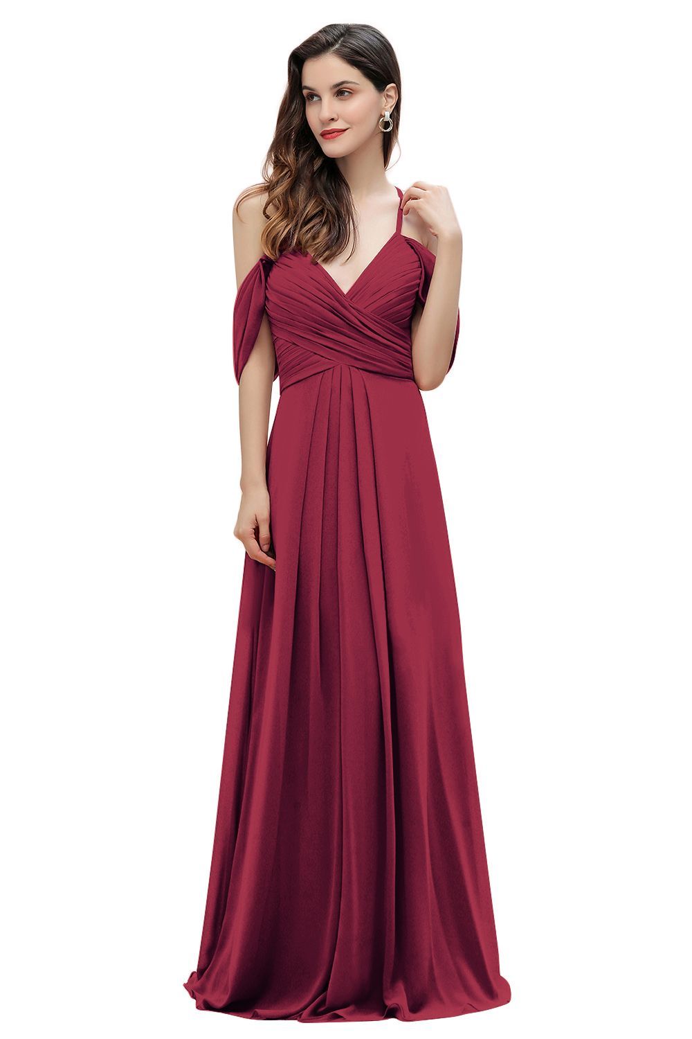 Off-the-Shoulder A-Line V-neck Chiffon Bridesmaid Dress Floor length Wedding Party Dress