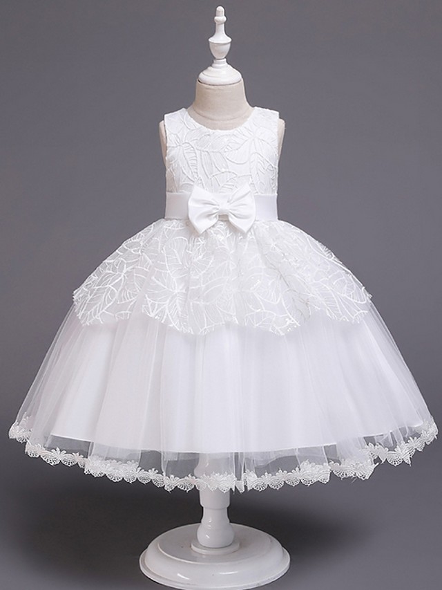 Princess / Ball Gown Knee Length Wedding / Party Flower Girl Dresses - Tulle Sleeveless Jewel Neck With Sash / Ribbon / Bow(S) / Paillette
