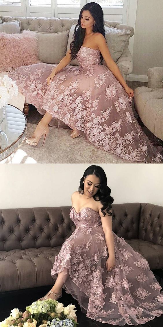 Fashion A-line Lace Strapless High Low Prom Dresses