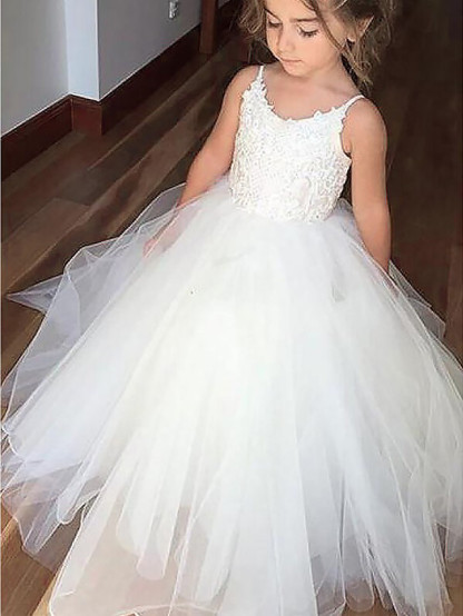A-Line Floor Length Wedding / First Communion / Pageant Flower Girl Dresses - Satin / Tulle Sleeveless Jewel Neck With Appliques