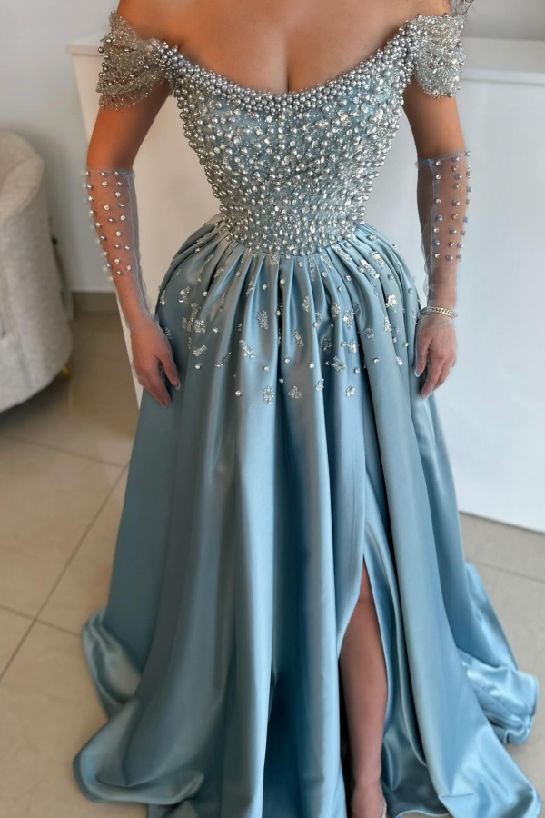 Luxury Long A-line Off the Shoulder Split Floor Length Prom Dresses