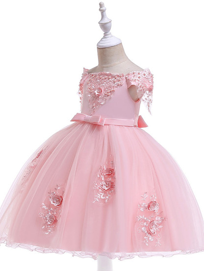 Princess Above Knee Wedding / Party / Pageant Flower Girl Dresses - Satin / Tulle Short Sleeve Off Shoulder With Lace / Beading / Appliques