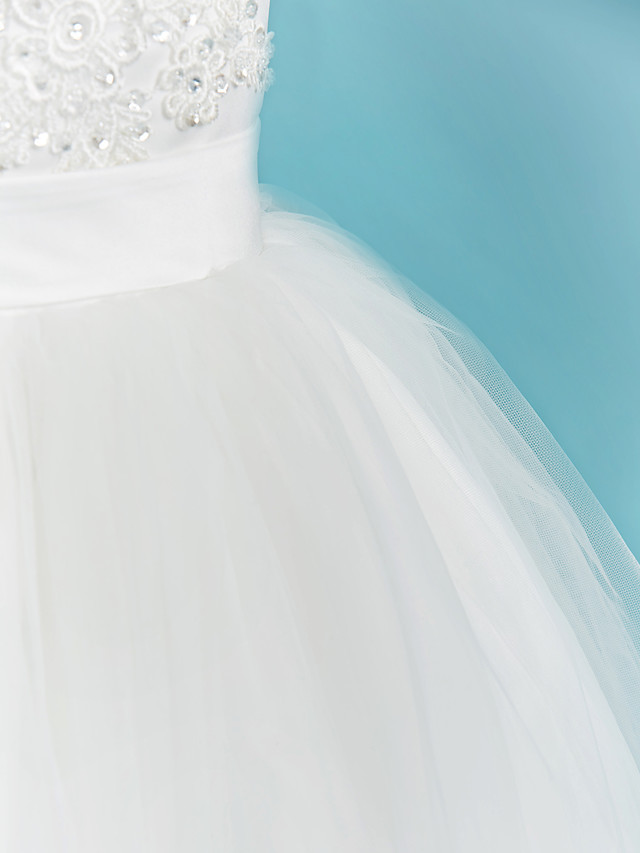 Ball Gown Crew Neck Floor Length Lace / Tulle Junior Bridesmaid Dress With Sash / Ribbon / Pleats / Beading