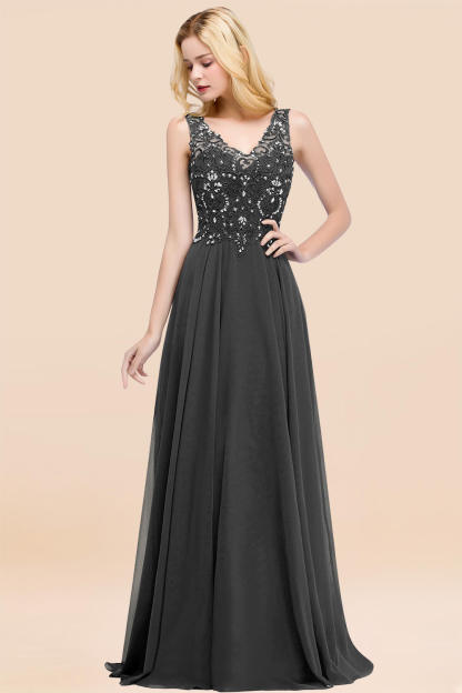 A-line Chiffon Appliques V-neck Sleeveless Floor-Length Bridesmaid Dresses with Crystals