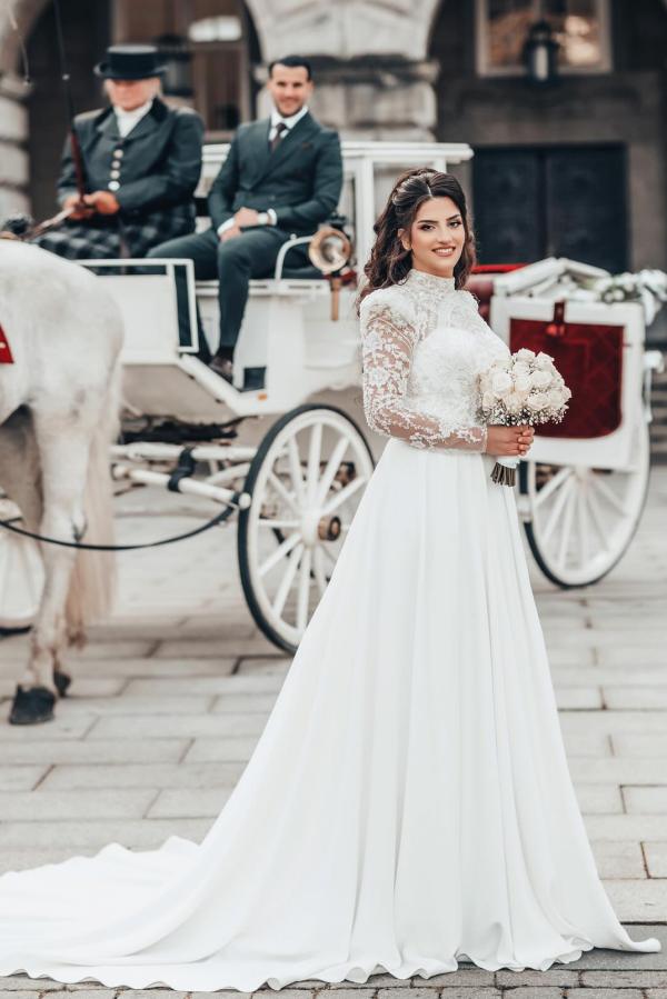 White Long A-line High Neck Chiffon Lace Wedding Dresses with Sleeves   COCOSBRIDE