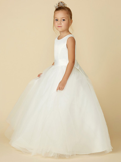 A-Line Floor Length Wedding / First Communion Flower Girl Dresses - Satin / Tulle Sleeveless Jewel Neck With Bow(S) / Buttons