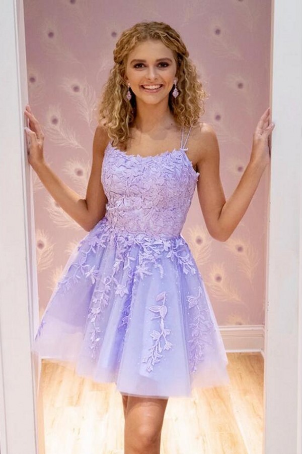 Petite A-Line Spaghetti Straps Appliques Lace Short Prom Dress With Tulle Ruffles