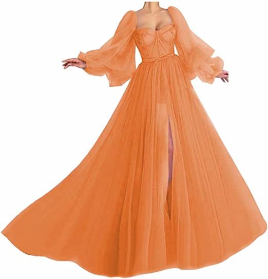 Awesome Long Sleeves A-line Sweetheart Tulle Prom Dress with Slit
