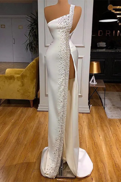 Beaded One Shoulder High Slit Mermaid White Satin Long Prom Dress