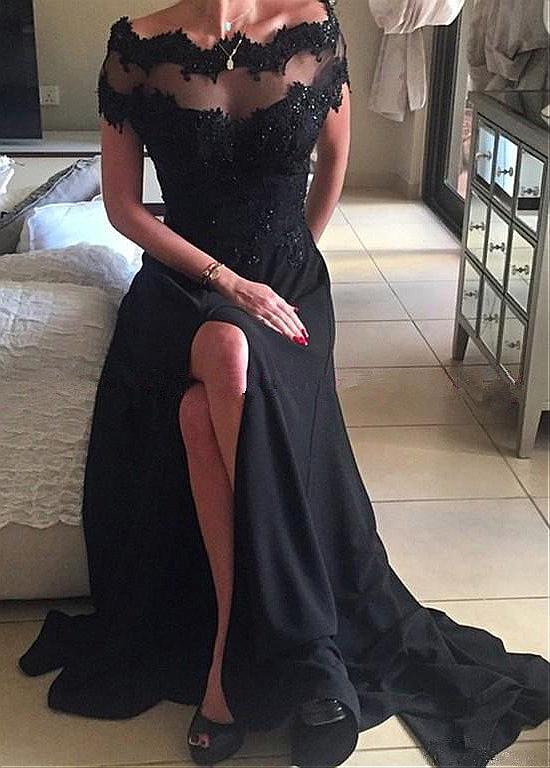 Amazing Black Off-the-shoulder Lace Floor-length Prom Dress WIth Side Slit