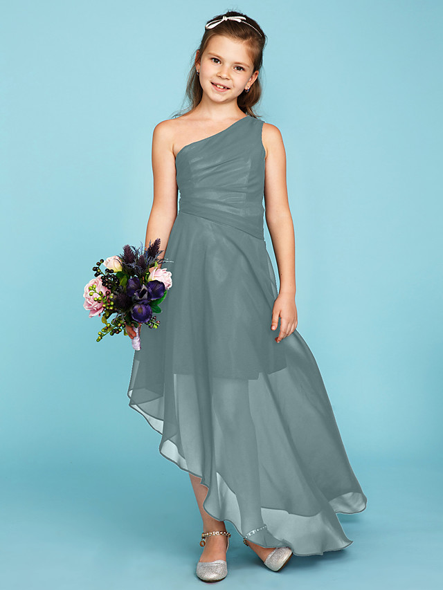 A-Line One Shoulder Asymmetrical Chiffon Junior Bridesmaid Dress With Side Draping / Wedding Party