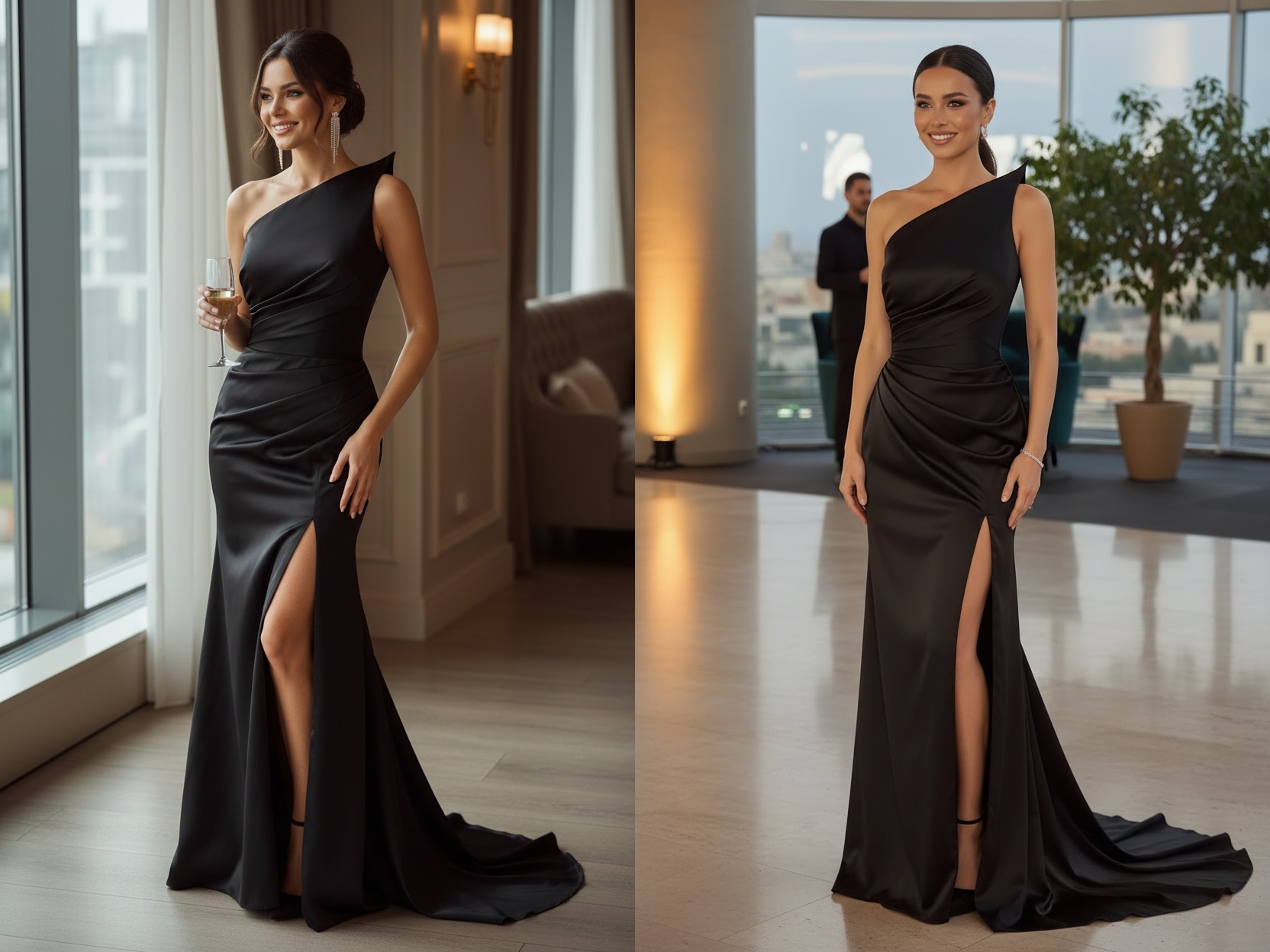 Elegant Black Long Mermaid One Shoulder Satin Prom Dress-Review1