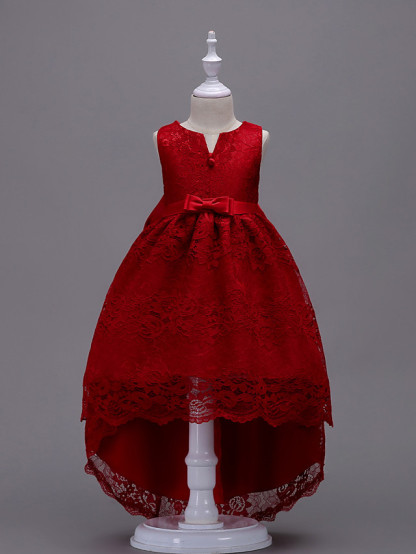 Princess Asymmetrical Wedding / First Communion Flower Girl Dresses - Lace / Satin / Tulle Sleeveless V Wire With Lace / Belt / Bow(S)