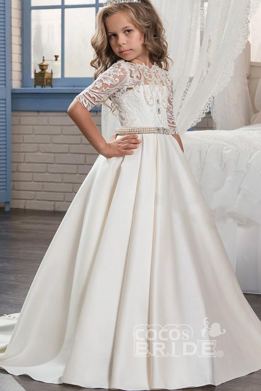 White Scoop Neck 1/2 Sleeves Trumpet Flower Girls Dress