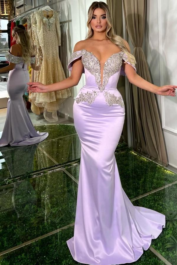 Long Off the Shoulder Mermaid Satin Beads Prom Dresses