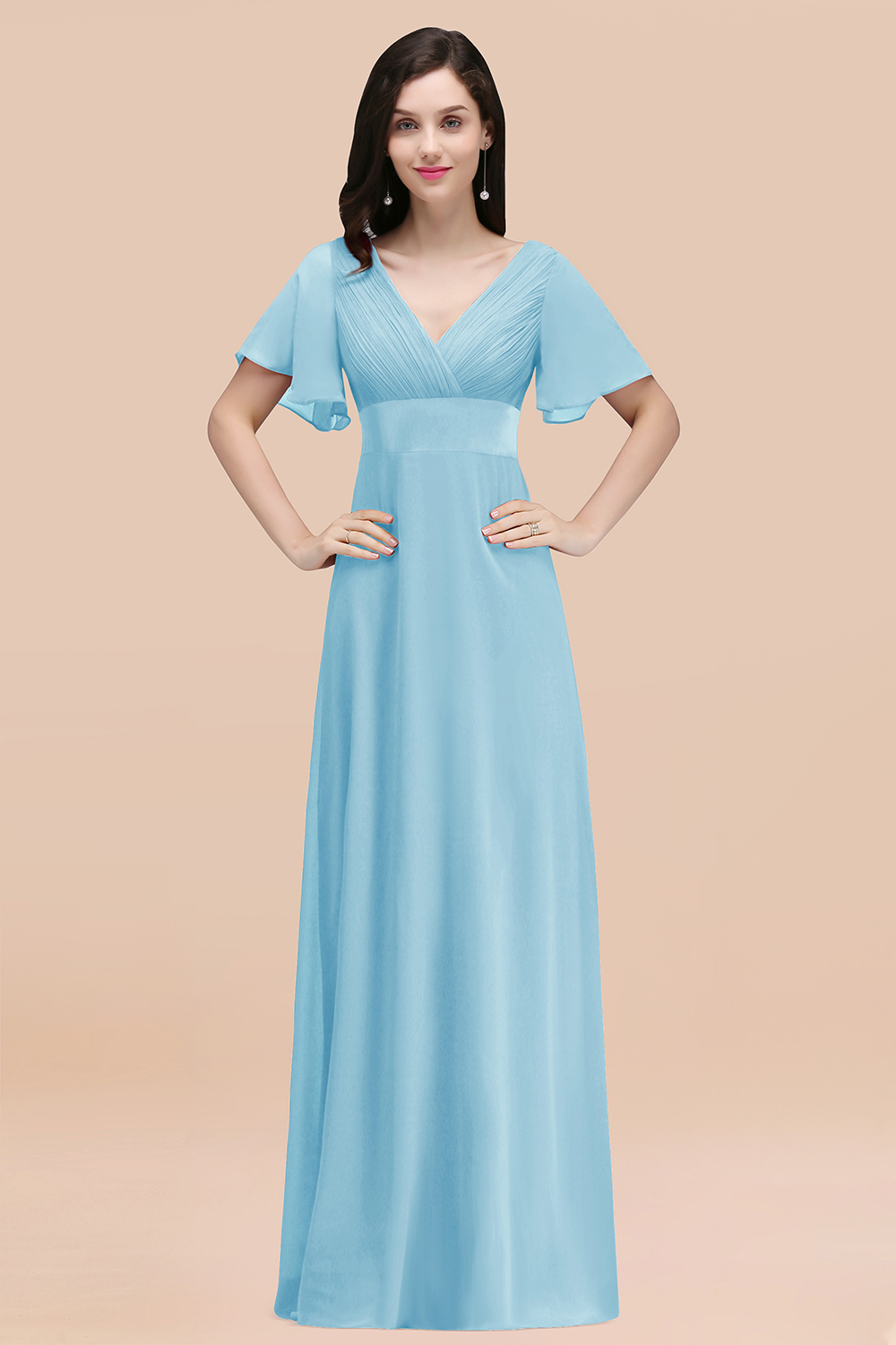 Simple A-Line Chiffon V-Neck Short-Sleeves Ruffles Floor-Length Bridesmaid Dresses