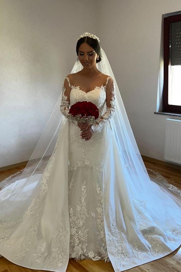 White Long Mermaid Jewel Tulle Lace Wedding Dress with Detachable Sweep Train