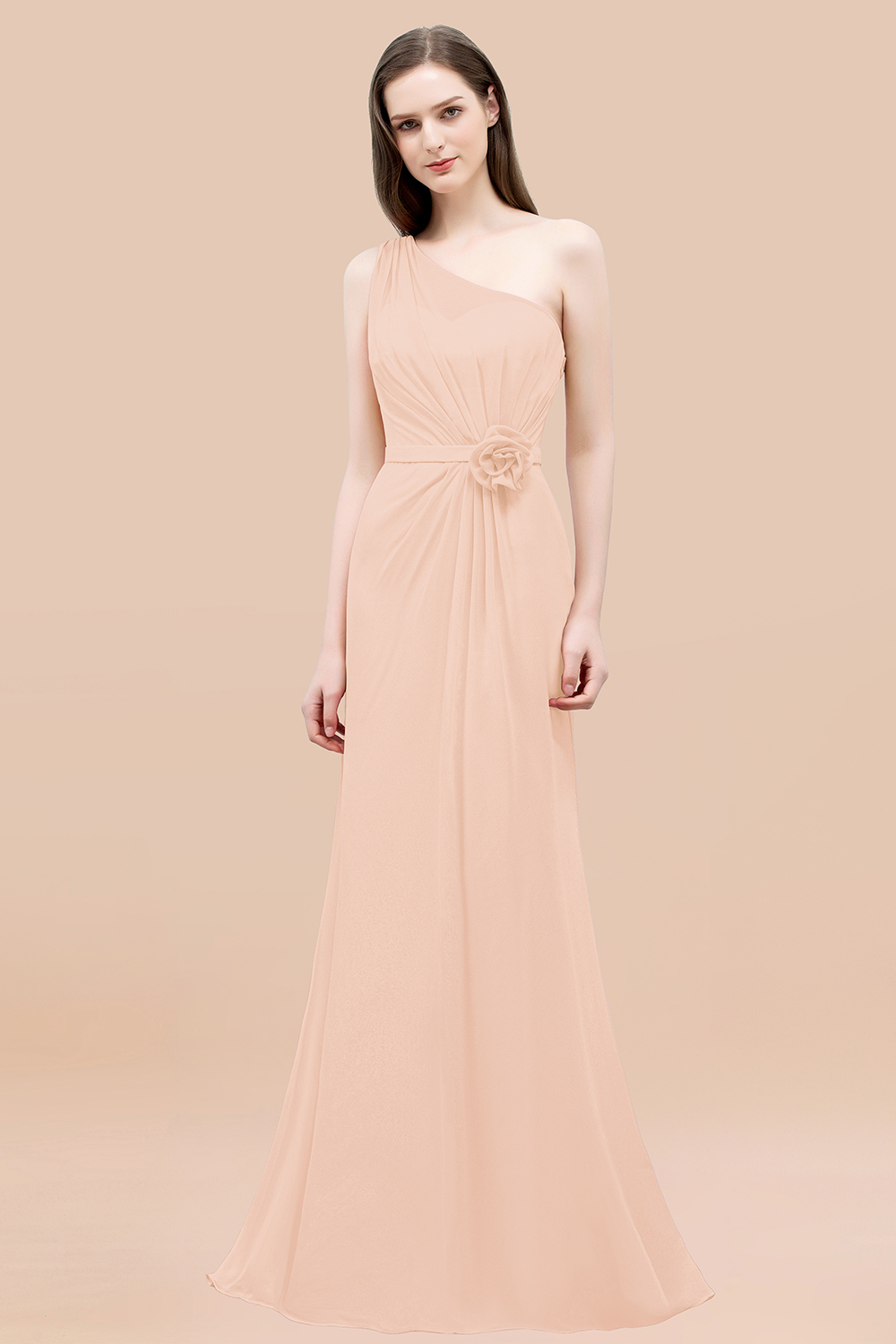 Mermaid Chiffon One-shoulder Sleeveless Ruffled Floor-Length Bridesmaid Dresses with Flower