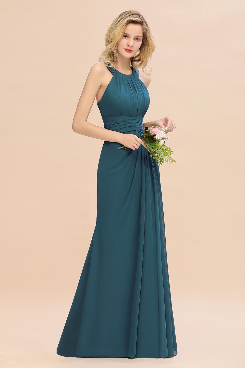 Long A-line Halter Chiffon Backless Floor-length Bridesmaid Dresses