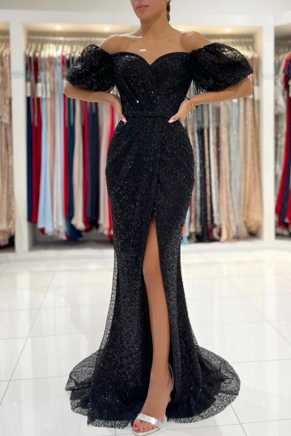 open lace back dress Black Sheath Floor Length Off Shoulder Mid Back Side Slit Prom Dresses main image 0