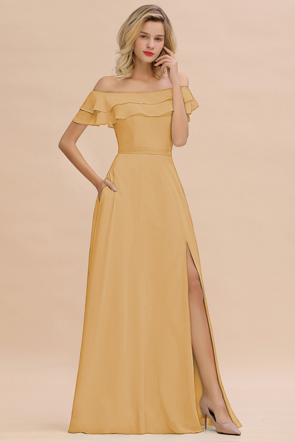 Off-the-Shoulder Front Slit Mint Green Long Bridesmaid Dress