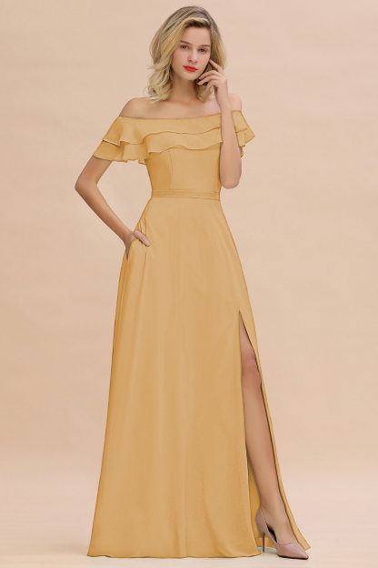 Off-the-Shoulder Front Slit Mint Green Long Bridesmaid Dress