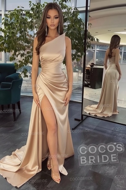 Elegant Black Long Mermaid One Shoulder Satin Prom Dress