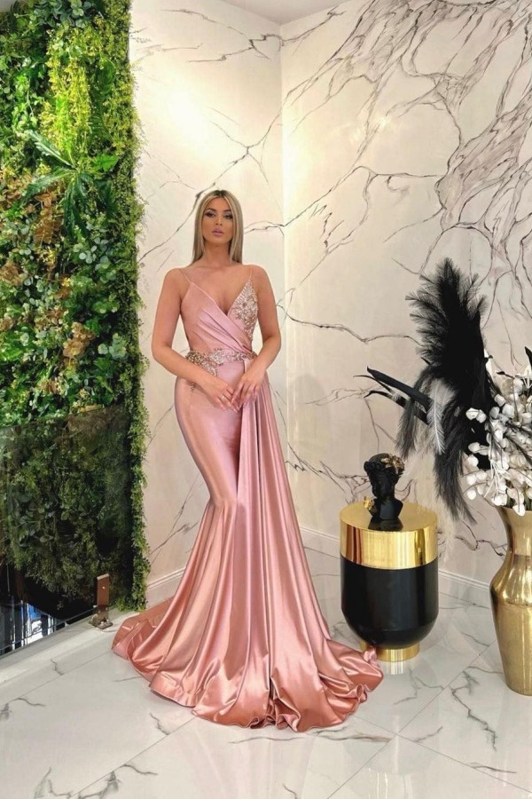 Sexy Pink Long Mermaid V-neck Spaghetti Straps Glitter Prom Dresses