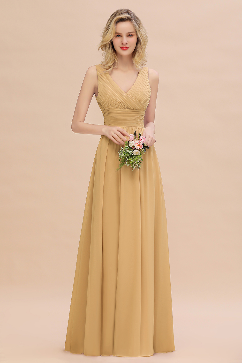 Elegant A-line V-Neck Ruffles Long Bridesmaid Dress