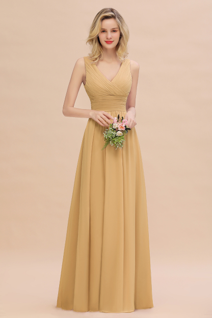 Elegant A-line V-Neck Ruffles Long Bridesmaid Dress
