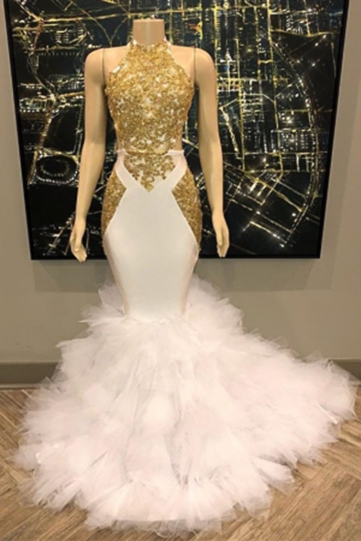 white and gold mermaid prom dress Long High Neck Satin Floor Length Formal – COCOSBRIDE odd muse uk