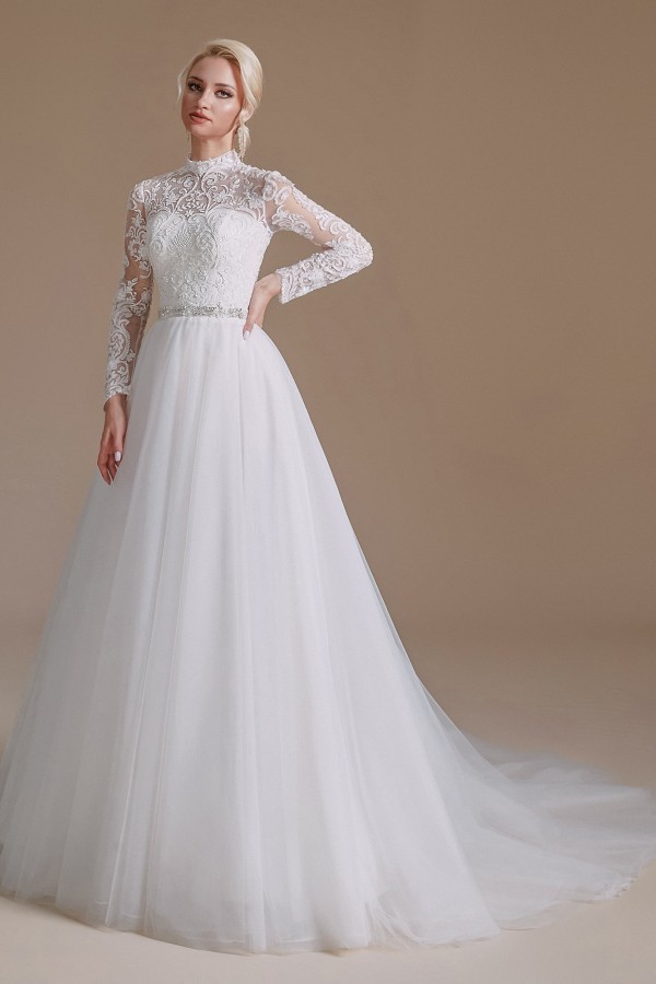 Modest A-line High Neck Long Sleeves Tulle Lace Wedding Dresses